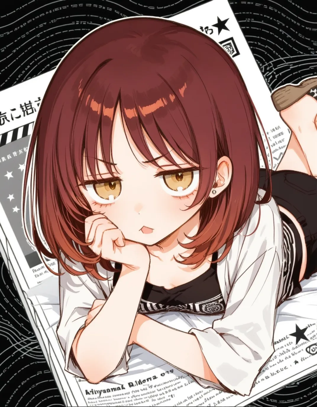 01112-_lora_reni_ILL_1_ ootsuka reni, reni,_1girl, looking at viewer, jitome,yellow eyes, _on stomach,lace camisole, cropped trousers,-2882915244.webp